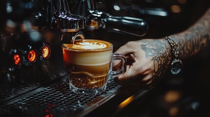 A barista pours coffee with latte art into a glass cup