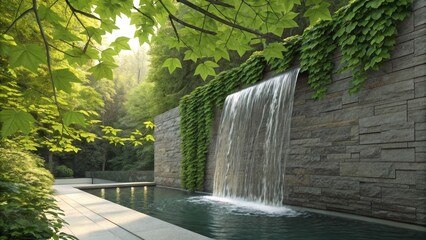 Serene Waterfall Garden Stone Wall, Pool, Lush Greenery, Tranquil Design, Landscape Design, Water Feature Landscape Architecture, Zen Garden