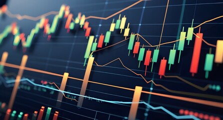 A stock market chart with green and red candlesticks on a black background.