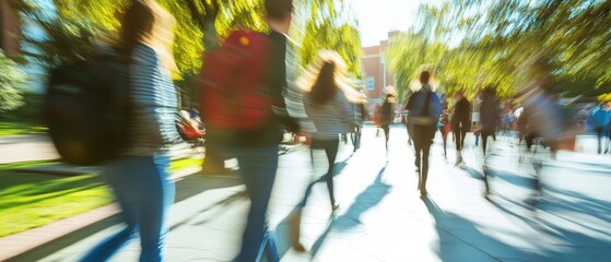 Crowd of students walking through a college campus on a sunny day, motion blur