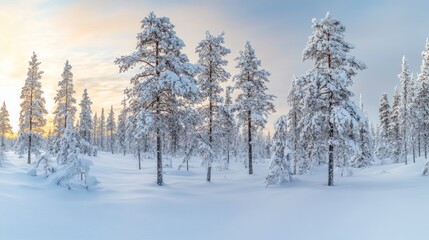 Fototapeta premium Snowy forest in Lapland, a serene winter wonderland of tranquility and purity. 