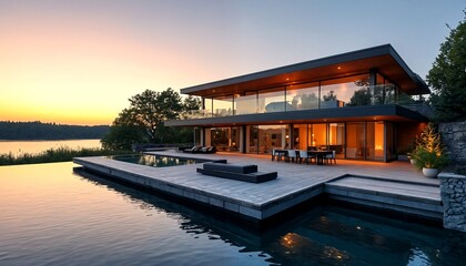 Obraz premium modern house by the water at sunset.