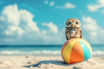 Adorable Owl Sitting on Colorful Beach Ball at Sunny Shoreline