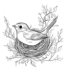 Detailed line art of a bird sitting in a nest surrounded by twigs and leaves