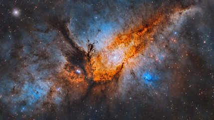 Large star at the center of a colorful nebula in deep space with swirling gas and dust formations