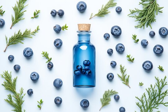 A blue glass bottle filled with juniper-infused massage oil surrounded by fresh blueberries and sprigs of juniper on a light background
