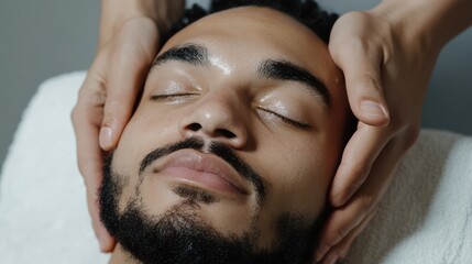 A spa therapist gently massages a client's face, evoking tranquility and pampering in an atmosphere of serene relaxation and self-care.