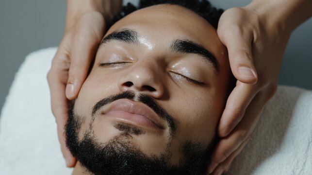 A spa therapist gently massages a client's face, evoking tranquility and pampering in an atmosphere of serene relaxation and self-care.