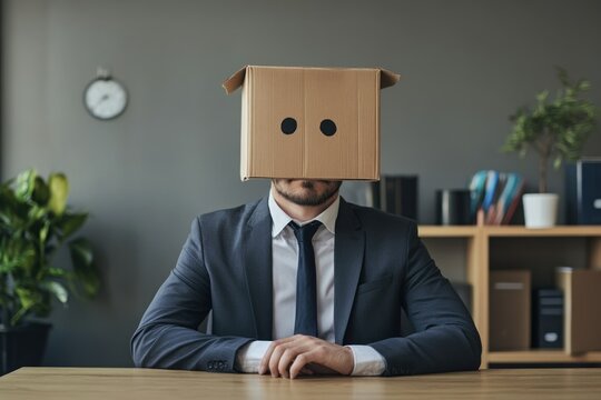 Man in Business Suit with Cardboard Box on Head in Office Setting