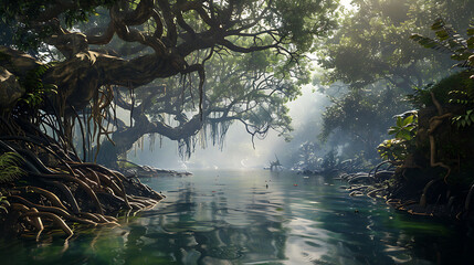A dense mangrove forest with twisted roots, calm water, and a peaceful atmosphere in