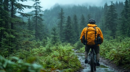 Cyclist rides through a forest trail in the heavy rain