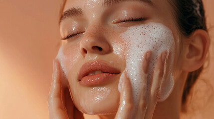 Close-up of a woman washing her face with foamy cleanser, showcasing beauty and skincare routine, symbolizing cleanliness, freshness, and self-care.