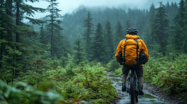 Cyclist rides through a forest trail in the heavy rain - Powered by Adobe