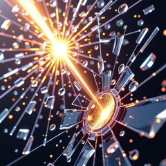 Intricate explosion of glass shards illuminated by glowing particles in a dark background