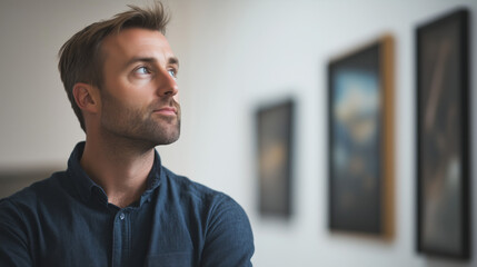 Naklejka premium Caucasian Man in His Late 30s with a Focused Expression, Contemplating a Piece of Art in a Gallery