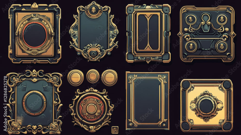 Aufkleber realistic set of vintage avatar frames and game buttons isolated on black background. vector illustr