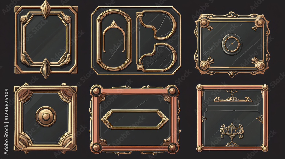 Poster realistic set of vintage avatar frames and game buttons isolated on black background. vector illustr