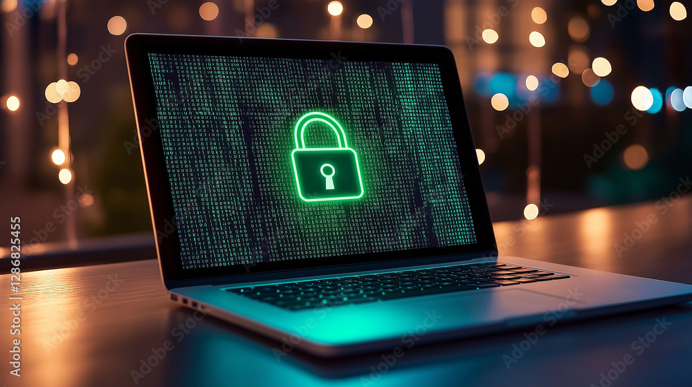 Poster Laptop showing green lock and data on screen in dark environment with lights in background