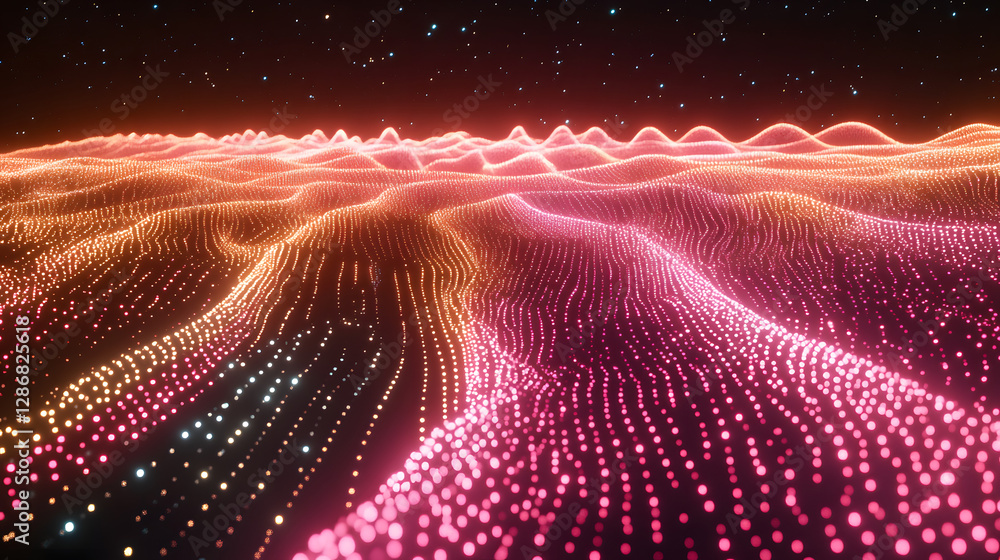 Poster computer generated image of mountains and tulips with a cosmic background and starry sky