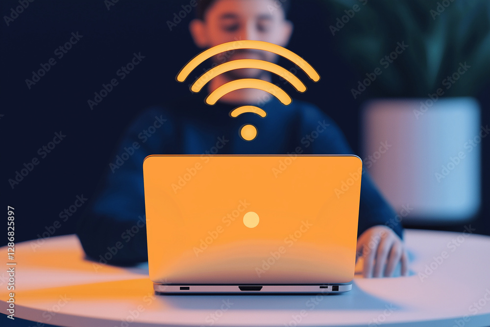 Poster Laptop showing wifi signal with man working in background