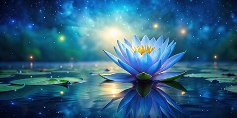 A radiant blue water lily flower blooms in a serene lake under starry night sky with soft greenery surrounding it, emitting a gentle glow , nighttime bloom, aquatic flowers