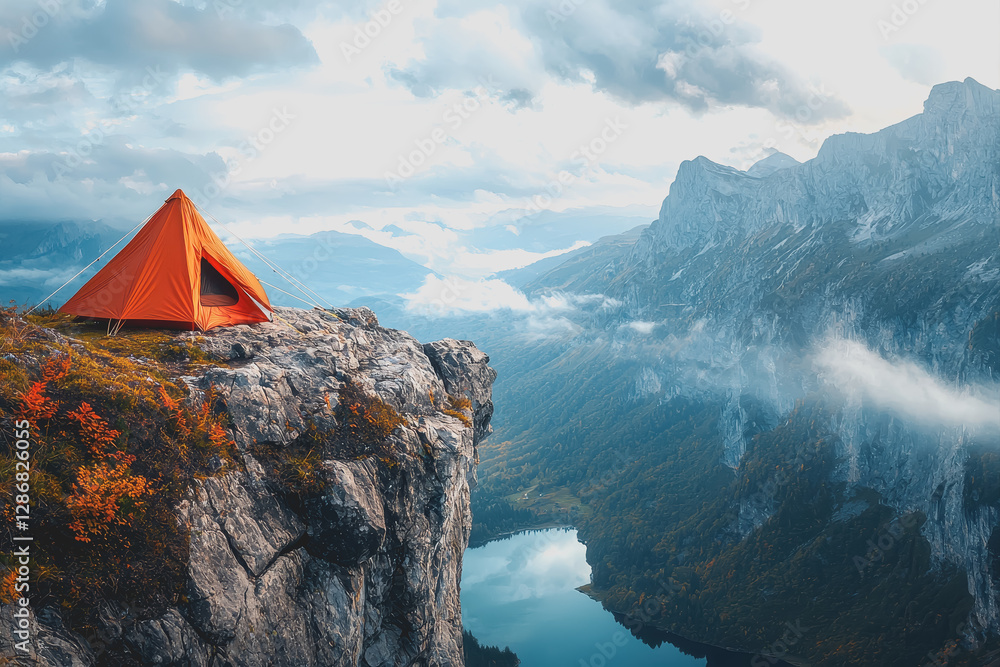 Poster tent on a cliff with a scenic view overlooking a calm lake surrounded by mountains and trees