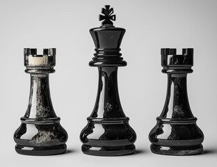 Fototapeta premium The black chess pieces set, featuring a pawn, king, queen, rook, knight, and bishop, is presented as individual objects on a transparent background in 3D