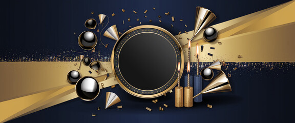 Luxurious birthday celebration scene with gold candles, balloons, party hats and confetti. Elegant design conveys festive, upscale atmosphere, perfect for invitations,events. Happy birthday background