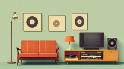 Fototapeta premium Retro furniture for home interior. Vintage sofa, armchair, old tv, record player, floor lamp, vinyl records and clock isolated on white background, vector cartoon set