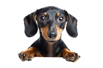 Close up portrait of a black and brown dog with big eyes on transparent background. The dog's face is centered with a soft focus and warm lighting