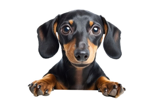 Close up portrait of a black and brown dog with big eyes on transparent background. The dog's face is centered with a soft focus and warm lighting