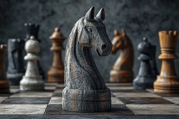A horse-shaped white chess piece stands out from a background composed entirely of black chess pieces, all generated by AI