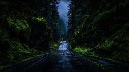 Rainy road through mossy forest, Pacific Northwest, travel poster