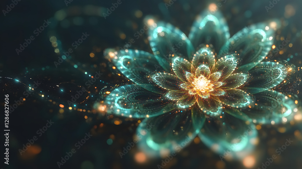 Poster surreal abstract flower design made of glowing lights and colorful petals in a visually striking com