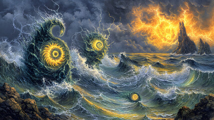 Surreal abstract painting depicting a stormy ocean with turbulent waves and a colorful sky