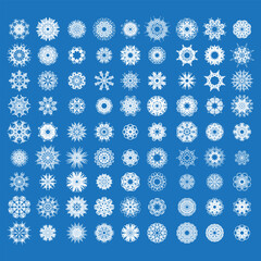 Set of White Winter Snowflakes Isolated on Blue Background.