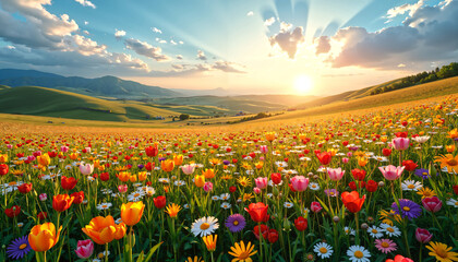 Fototapeta premium Vibrant Spring Meadow Landscape Colorful Wildflowers and Tulips at Sunset