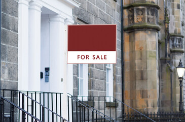 House for sale sign template outside a Georgian town house, UK