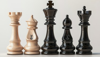Black chess kings with a minimalist and classic design, representing business, competition, and strategic thinking, set against a transparent background with other black chess pieces, associated with