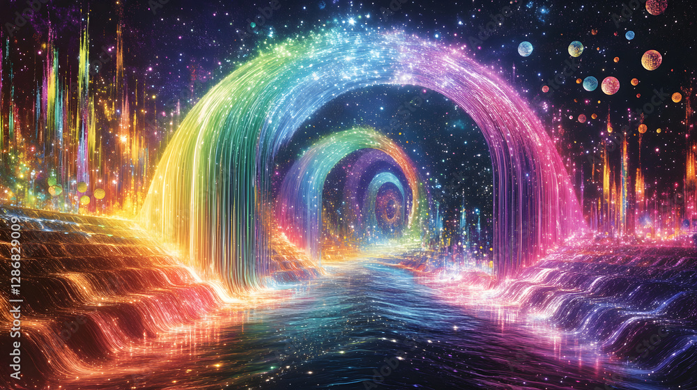Poster colorful tunnel with rainbow colors and abstract shapes creating a surreal visual experience of time