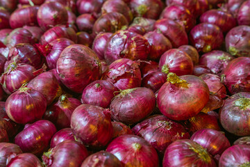 Fresh organic red onion bulbs in the supermarket. Heap of red onion root. Close-up red onion shallot background