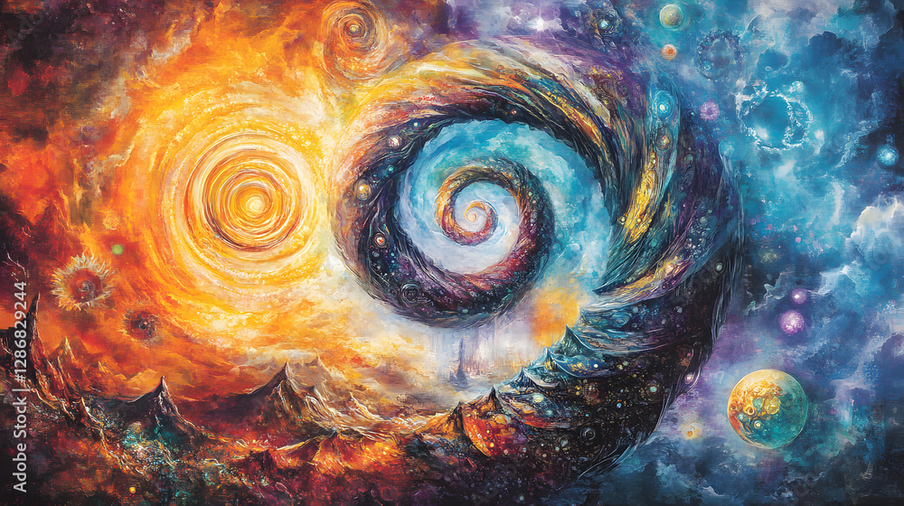 Poster surreal painting of a spiral vortex in space with abstract elements representing time and movement