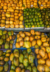 Tropical fruits background. Fresh fruits in outdoor market in Sri Lanka, Asia	