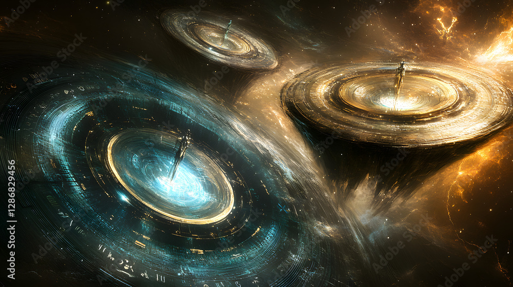 Poster three interconnected rings in a cosmic space representing a surreal abstraction of time and infinity