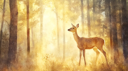 Watercolor painting of a graceful deer in a sunlit forest, ethereal atmosphere, nature's beauty, copy spacedeer in the forest
