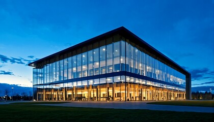 Obraz premium The image shows a large glass building with lights on inside at dusk or dawn.