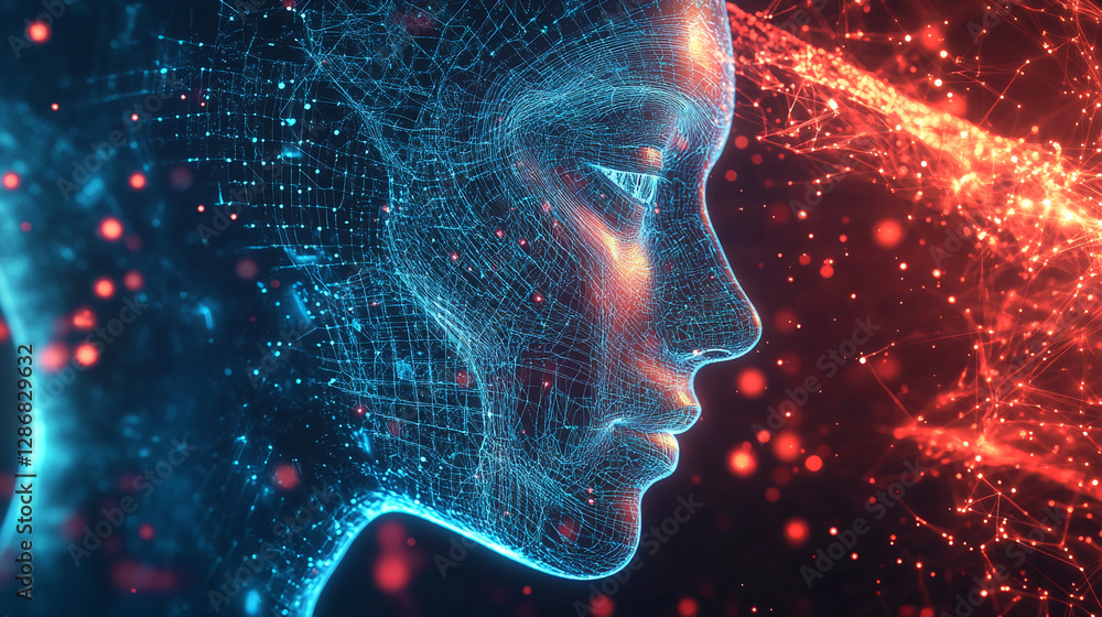 Poster digital representation of a human face made of glowing blue and red wireframe with abstract connecte