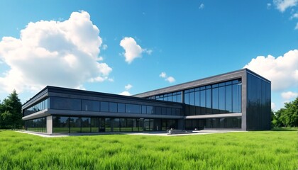 Obraz premium A modern building with large windows and rectangular shape sits on top of green grass under a blue sky.
