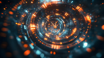 Surreal clock with a glowing orange hue surrounded by abstract elements representing the concept of time