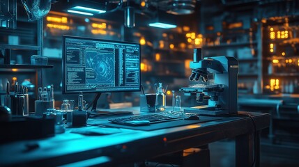 Futuristic lab at night with microscope, computer, and glowing particles